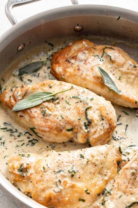 This sage chicken in a cream sauce is perfect for a 30 minute meal. With boneless chicken breasts and a sage cream sauce, it is delicious over pasta or mashed potatoes. Gluten free and low sodium edits given. Migraine Recipes, Headache Diet, Sage Chicken, Dizzy Cook, One Pan Dinner Recipes, Creamy Mashed Cauliflower, Sage Recipes, Pan Seared Chicken Breast, Seared Chicken Breast