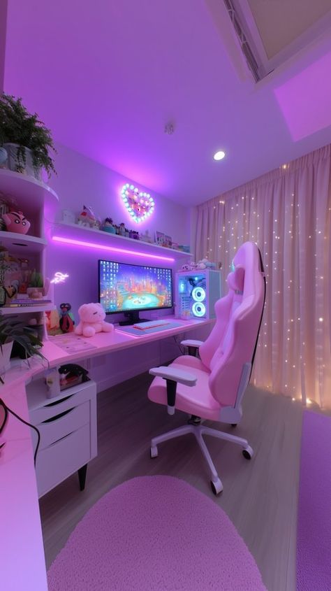 Simple Gaming Bedroom Ideas, Pc Girl Setup, Girl Setup Gaming, Dream Gaming Setup, Set Up Gamer Girl, Pink Gaming Pc, Simple Gaming Setup, Gamer Girl Bedroom, Pink Gaming Room