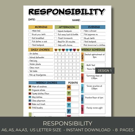 🌟 Editable Responsibility Chore Chart for Kids 🧒✨ Empower your little ones with our customizable Kids Chore Chart! This vibrant, printable PDF includes A6, A5, A4, and A3 formats, featuring 4 delightful designs. Key Features: 📅 Kids Daily Weekly Schedule for structured routines 📝 Editable for personalized chore lists 🎨 4 Colorful Designs to keep kids engaged 🖨️ Printable PDF for instant access How to Use: 🚀 Download the PDF instantly upon purchase. 🎨Choose from A6, A5, A4, or A3 formats. Chore List For Kids Age 10, Chore Chart For Kids Age 10, Kids Task Chart Ideas, Family Responsibility Chart, Chores For Kids Age 7-8, Chores For Kids By Age Allowance, Chores For Kids By Age Printable Free, Chore List For Kids By Age, Chore Chart Kids Printable Free