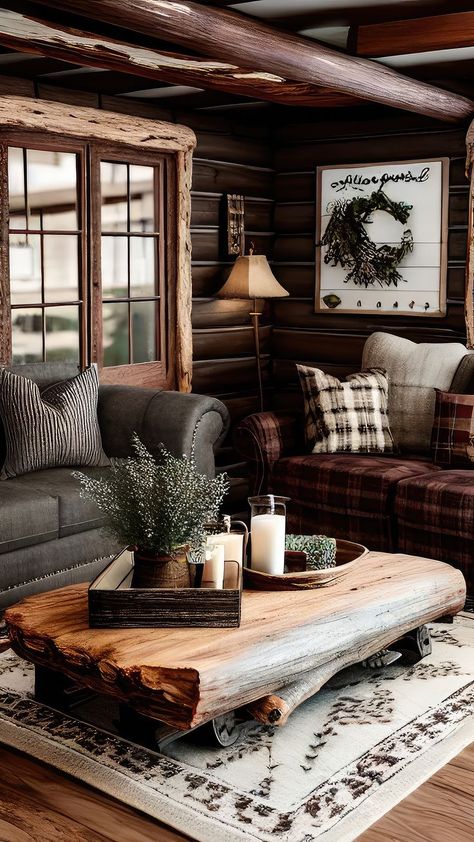 House Coastal, Log Cabin Interior, Cabin Living Room, Modern Rustic Living Room, Aesthetic House, Log Cabin Decor, Cabin Interiors, Cabin Living, Ideas Living Room