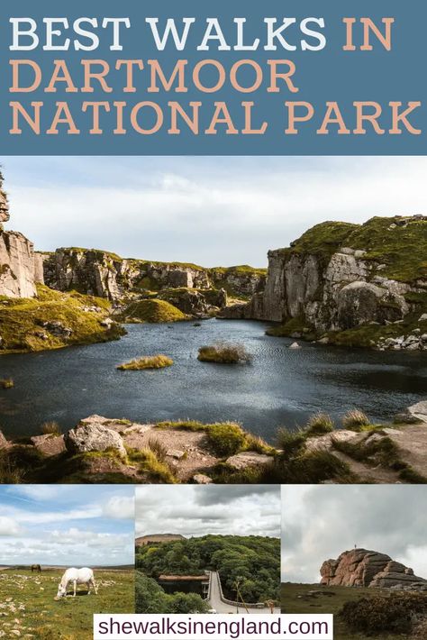 Best Walks In Dartmoor National Park written by she walks in England. There are 4 images showing the different walks. The large top image is looking into the centre of the deep blue water of Foggintor quarry, surrounded by the cliffs. The smaller images show ponies, tors and a bridge leading into woodland. Scotland Hiking, Dartmoor National Park, North York Moors, Devon Uk, Visiting England, Hiking Guide, Quaint Village, Yorkshire Dales, New Forest