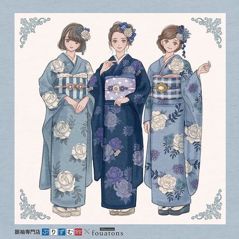 Japan Kimono Drawing, Blue Kimono Drawing, Japanese Clothing Drawing, Kimono Outfit Drawing, Yukata Drawing, Kimono Character Design, Kimono Reference, Kimono Drawing, Yukata Outfit