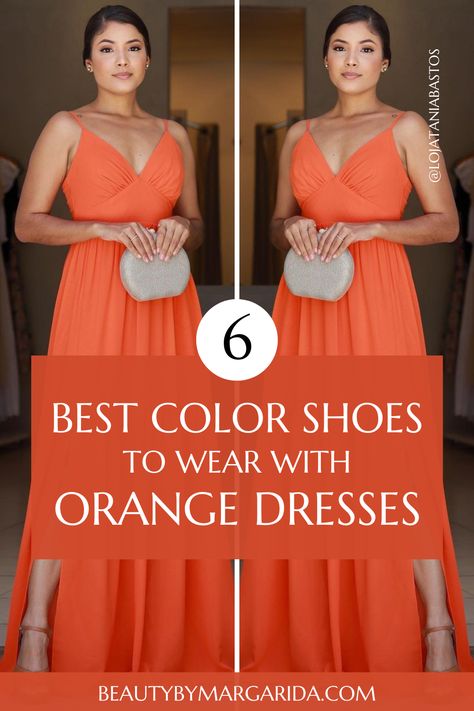 Not sure what color shoes to wear with an orange dress? Check out our guide to find the perfect shoes to complement your orange dress, whether for a wedding or a laid-back party! What To Wear With An Orange Dress, Orange Dress Blue Heels, Maxi Orange Dress Outfit, Orange Dress With Silver Accessories, Heels For Orange Dress, Jewelry With Orange Dress, Makeup To Wear With Orange Dress, Neon Orange Dress Outfit, Orange Dress Shoes Outfit