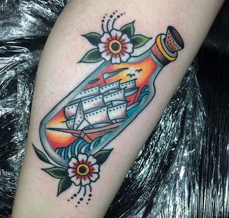 Ship In A Bottle Tattoo, In A Bottle Tattoo, Traditional Nautical Tattoo, Traditional Shark Tattoo, Traditional Ship Tattoo, Traditional Tattoo Reference, Ship In Bottle, Ship In A Bottle, Bottle Tattoo