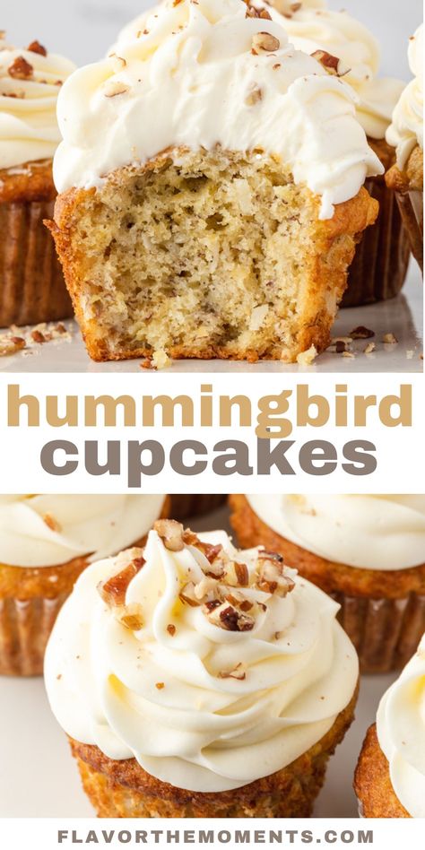 Hummingbird Cupcakes Hummingbird Cake Cupcakes, Spring Cupcake Recipes, Best Cupcake Flavor Combinations, Hummingbird Bread With Cream Cheese Frosting, Hummingbird Cupcakes Recipe, Mexican Flavored Cupcakes, Brunch Cupcakes, Spring Cupcake Ideas, Hummingbird Muffins