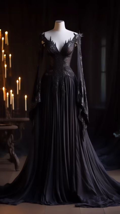 Black Elf Dress, Purple Game Of Thrones Dress, Black Fantasy Gown, Night Court Dress, Elegant Black Wedding Dress, Dark Fantasy Gown, Dark Fantasy Dress, Acotar Dress, Sorceress Dress