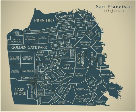 Map of San Francisco by Neighborhood and What to See by Neighborhood - California Travel Central Pacific Railroad, San Francisco Map, San Francisco Neighborhoods, Barbary Coast, Forest Sunset, Pacific Heights, Lombard Street, Mission Bay, Washington Square Park