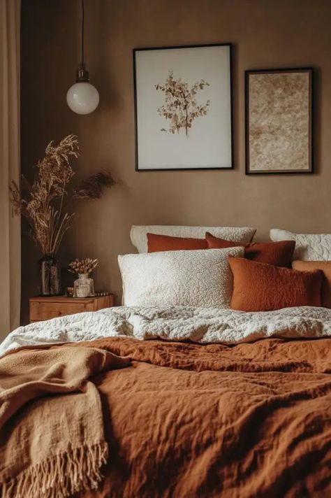 7 Cozy Fall Bedroom Colors You Can’t Ignore! Terracota And Grey Bedroom, Terracotta Beige Color Palette, Earthy Orange Bedroom, Grey And Terracotta Bedroom, Rust Bedroom, Winter Bedroom Decor, Cozy Small Bedrooms, Cozy Colors, Fall Bedroom Ideas