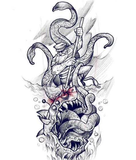 Sea Monster Sketch, Sea Monster Tattoo, Monster Tattoos, Illustrative Tattoo, Monster Sketch, Monster Tattoo, Zodiac Sign Tattoos, Shark Art, Sleeve Ideas