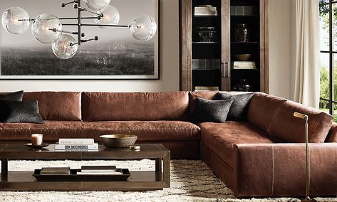 Leather Sectional Decor, Restoration Hardware Living Room, Leather Couches, Home Redesign, Leather Sectional Sofas, Living Room Styles, Transitional Living Rooms, Living Room Leather, Leather Sectional