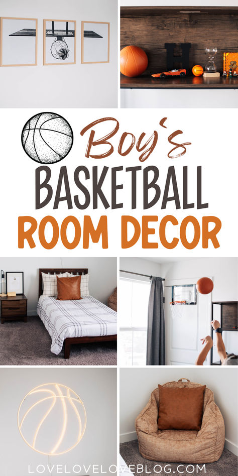 Photo collage with text overlay that reads "boy's basketball room decor." Basketball Inspired Bedroom, Sports Bedroom For Teenage Boys, Kids Basketball Room, Basketball Bedroom Ideas, Boys Basketball Bedroom Ideas, Boys Sports Bedroom, Basketball Decor Bedroom, Teen Boy Basketball Bedroom, Bedroom Decor Basketball