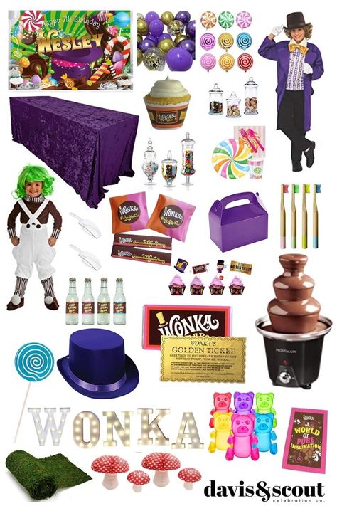 Willy Wonka Celebration — Davis & Scout Celebration Co. Willy Wonka Party Decorations Diy, Willy Wonka Party Decorations, Wonka Party Decorations, Willy Wanka, Willy Wonka Halloween, Willy Wonka Factory, Chocolate Factory Party, Charlie Chocolate Factory, Wonka Chocolate Factory