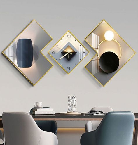 This set of wall clocks not only indicates the time but also is a good choice for decorating a home. Practicality and beauty coexist. It is the perfect design embodiment of contemporary art, suitable for the living room, bedroom, and dining room.Features:【Contemporary Design】Its striking design effortlessly blends vibrant colors, exuding a c...#Fusion #A #InteriorDesign #and #Home #Decor #Exploring #Modern #Style #HomeDecorating #HomeStyle #Functionality #HouseGoals #of #Trends #InteriorInspo Show Piece Ideas For Home, Large Wall Clock Decor Ideas, Gold Decor Living Room, Wall Dining Room Decor, Wall Clock Decor, Bathroom Vanity Remodel, Wall Clock Light, Living Room Pouf, Console Table Hallway