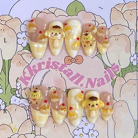 Pompompurin Sanrio Inspired Via @kkristall.nails on Instagram Sanrio Nails Pompompurin, Pompompurin Nails Design, Pompompurin Nail Art, Pom Pom Purin Nails, Badtz Maru Nails, Usahana Nails, Pompompurin Nails, Sanrio Nail Art, Kawaii Nail Art