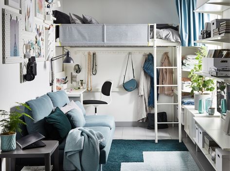 Vertical storage for an uncluttered small bedroom Idea Bilik Tidur, Reka Bentuk Bilik Tidur, Design Ložnic, Couch Bedroom, Loft Bed Frame, Cosy Bed, Hiasan Bilik Tidur, Interior Modern, Vertical Storage