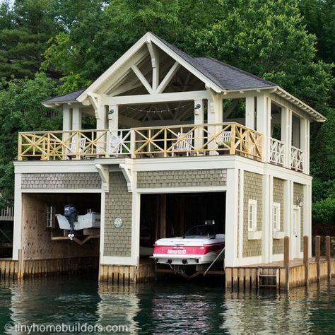 Boathouses to Inspire Your Tiny House Design - Tiny Home Builders Tiny Home Boat House, Boat House Plans Layout, Boathouse Design Architecture, Boathouse Exterior, Boat Houses And Docks, Victorian Boathouse, Lake Boat House, Boat House Ideas, Boathouse Ideas