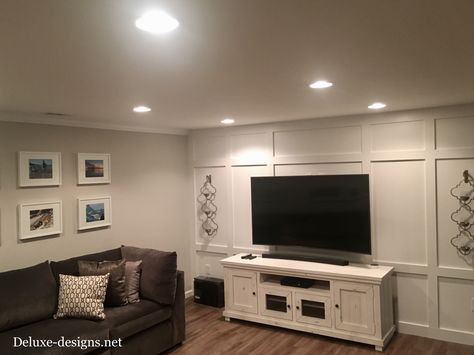 My basement- Board and batten feature tv wall Board And Batten Tv Wall, Batten And Wallpaper, Board And Batten And Wallpaper, Living Room Tv Wall Decor, Small Basement Remodeling, Tv Wall Ideas, Basement Inspiration, Tv Wand, Basement Living Rooms