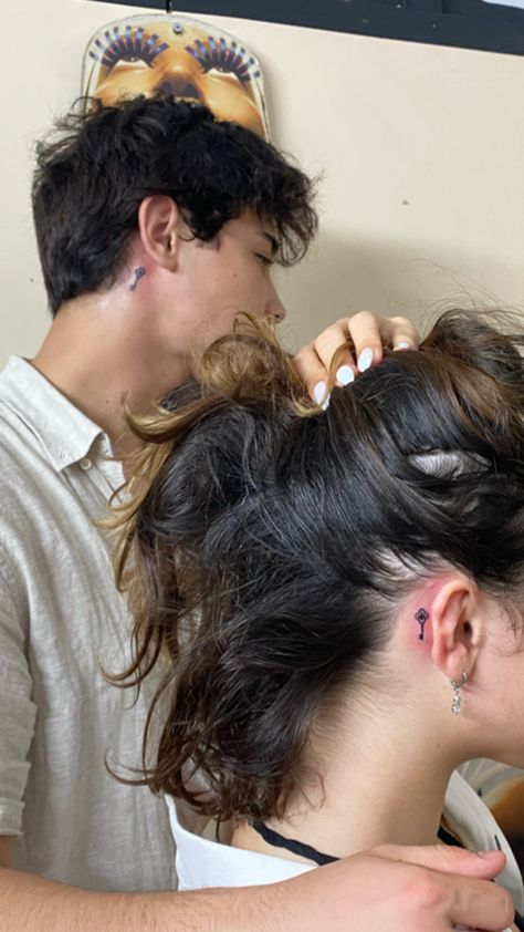 Matching Neck Tattoos Couples, Couples Tattoos Aesthetic, Couple Tattoos Behind Ear, Couple Neck Tattoos, Matching Tattoos Behind Ear, Matching Couple Tattoos Aesthetic, Matching Tattoos Couples Aesthetic, Couples Hand Tattoos, Behind Ear Tattoos