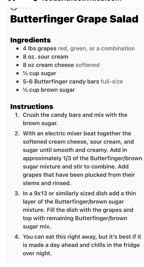 Grape Jello Dessert, Butterfinger Grape Salad Recipe, Grape Jello Recipes, Butterfinger Grape Salad, Frozen Candy Grapes With Jello, Grape Salad With Butterfinger, Grape Salad Recipe Butterfinger, Vacation Meal Planning, Salad Recipes For Parties