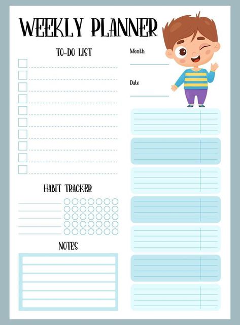 Weekly planner. Organizer, to-do list, notes and habit tracker with happy cartoon boy. Vector illustration. vertical template in blue for print, design, decor, kids collection, stationery. Happy Cartoon, Planner Stationery, Cartoon Boy, Stationery Collection, Kids Collection, Habit Tracker, Design Decor, To Do, Planner Template