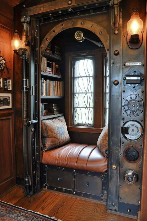 40 Eccentrically Elegant Steampunk Reading Retreats (Concept Interiors) Elegant Steampunk, Gray Floors, Steampunk Rooms, Steampunk Bedroom, Paint Visualizer, Dark And Moody Interiors, Steampunk Interior, Steampunk Home Decor, Plush Armchair