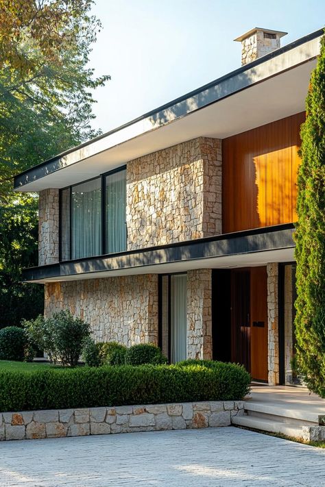 Modern 70s style house facade with mixed stone and brick yard with thuja hedging. Check out the coolest 70s-style modern houses with a nostalgic flair everyone’s talking about! Types Of Modern Houses, Old 70s House, Post Modern Architecture House, 70s Modern House, 70s Style Modern, 70s Style House, 80s House Exterior, Modern 70s Style, 70 House