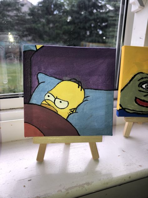 Homer Simpson Paintings, Funny Things To Paint On A Canvas, The Simpsons Painting, Funny Canvas Painting Ideas, Easy Cartoon Paintings, Painting Ideas Cartoon Characters, Funny Paintings Easy, Homer Simpson Meme, Simpsons Painting