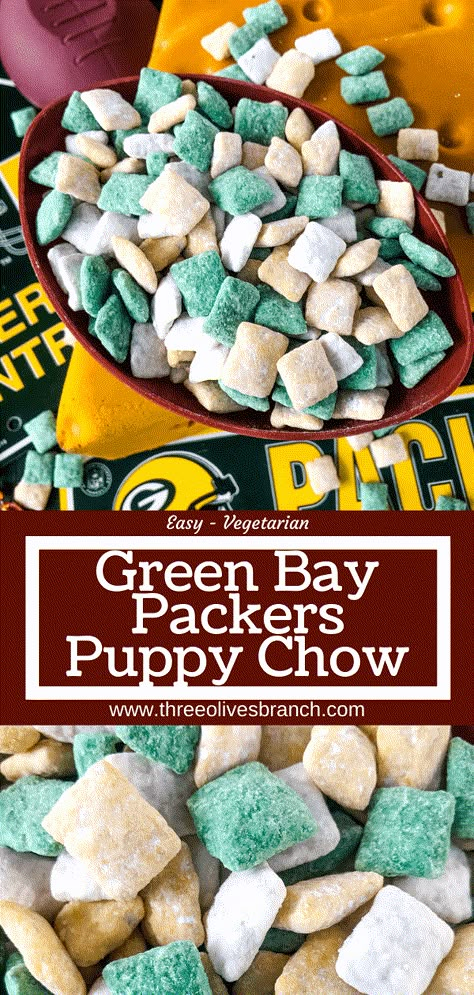 Super Bowl Party Food Gluten Free, Green Bay Packers Food, Party Food Gluten Free, Green Bay Packers Party, Packers Party, Puppy Chow Christmas, Puppy Chow Recipe, Chow Recipe, Super Bowl Party Food