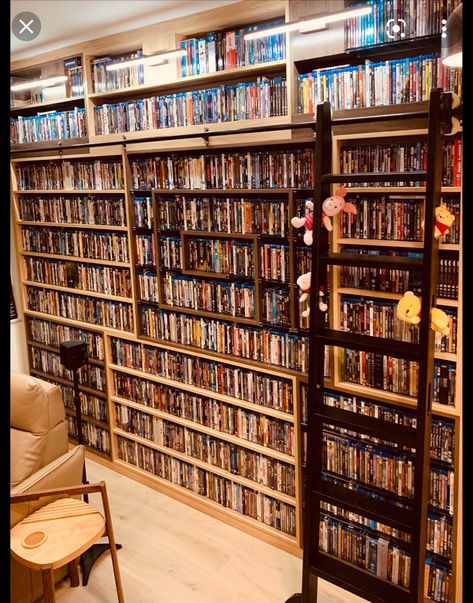 Movie Storage, Diy Dvd Storage, Dvd Display, Movie Library, Dvd Organization, Small Home Theaters, Horror Room, Cd Dvd Storage, Dvd Shelves