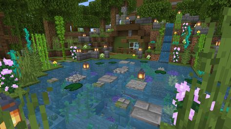 Hobbit house minecraft pond cottage core cute minecraft Pond House Minecraft, Pond Design Minecraft, Fairy Pond Minecraft, Minecraft Pond Fountain, Minecraft Fishing Pond Ideas, Minecraft Water Cave House, Minecraft Water Decoration, Minecraft Cottagecore Pond, Minecraft Farm On Water