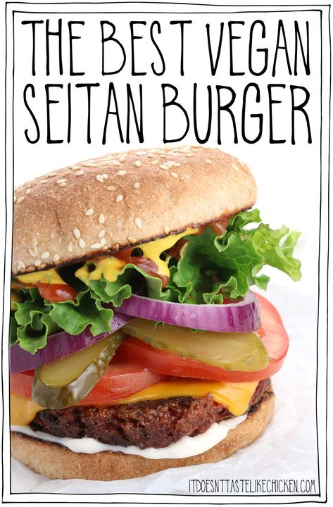 The Best Vegan Seitan Burger! Just 10 ingredients to make the best homemade burger patty ever. Juicy, chewy, meaty, and holds up on the grill! Make these ahead of time and store in the fridge or freezer until ready to serve. Then toss them on the grill or in a frying pan when ready to serve. #itdoesnttastelikechicken #veganrecipes #veggieburger Beet Burger Recipe, Homemade Vegan Burgers, Seitan Burger, Best Homemade Burgers, Vegan Seitan, Beet Burger, Seitan Recipes, Burger Toppings, Like Chicken