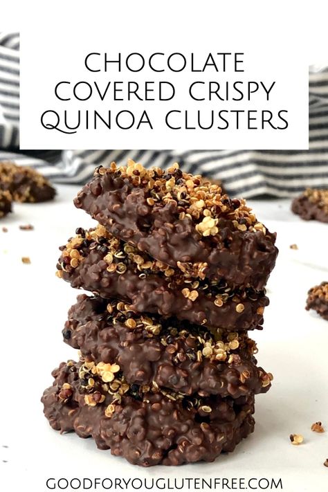 Get your quinoa and chocolate cravings satisfied in one bite with these chocolate covered crispy quinoa clusters. They taste like crunch candy bars you remember from your childhood, all without gluten!  #quinoa #quinoarecipes #glutenfree #chocolate Quinoa Desserts, Quinoa Bars, Celiac Recipes, Crispy Quinoa, Quinoa Recipe, Gluten Free Desserts Recipes, Health Desserts, Gluten Free Eating, Chocolate Craving