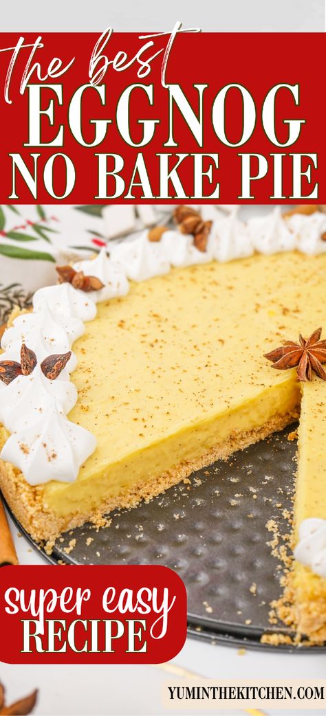 This No-Bake Eggnog Pie is the best creamy Christmas dessert recipe you’ll find! Featuring rich eggnog, cream cheese, and cool whip, this easy no-bake pie delivers all the holiday flavors in a simple-to-make dessert. Ideal for Christmas or Thanksgiving, this eggnog dessert will impress everyone without any baking required! Eggnog Cream Pie, No Bake Eggnog Pie, Eggnog Pie, Eggnog Dessert, Holiday Dinner Recipes, Holiday Flavors, Christmas Desserts Party, Baking Recipes Pie, Breakfast Sides Dishes