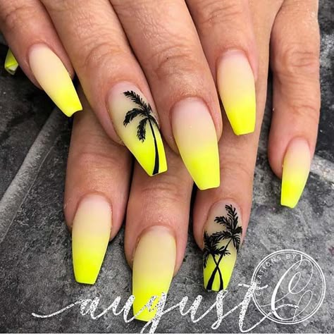 Nail Art For Girls, Bright Summer Acrylic Nails, Bright Summer Nails Designs, Neon Yellow Nails, Palm Tree Nails, Neon Nail Designs, Bright Summer Nails, Tree Nails, Cute Acrylic Nail Designs