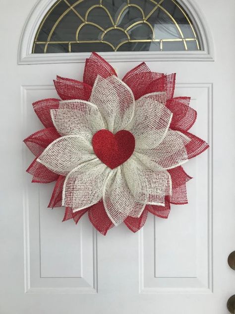 Valentine's Gift Valentine Happy Valentine Wreath Heart | Etsy Diy Valentines Day Wreath, Valentine Wreath Diy, Valentine's Wreath, Valentine Door Decorations, Valentine Decoration, Deco Mesh Wreaths Tutorials, Burlap Flower Wreaths, Valentine Centerpieces, Deco Mesh Wreaths Diy