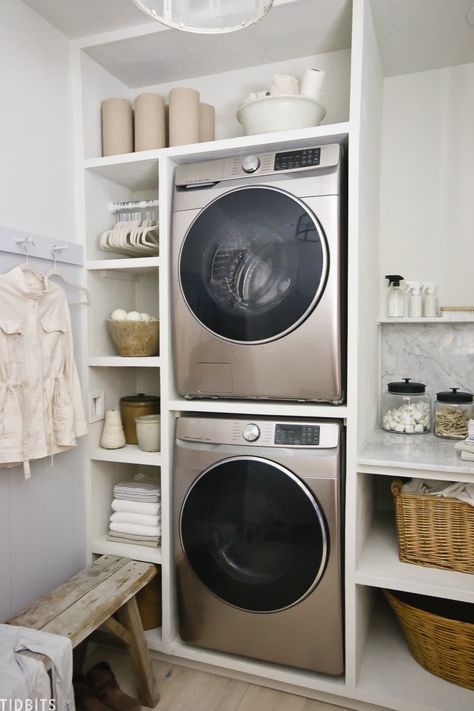 Organic Laundry Room, European Laundry, Stackable Laundry, Laundry Room Paint Color, Stacked Laundry Room, Laundry Room Closet, Laundry Room Layouts, Laundry Room Renovation, Laundry Design