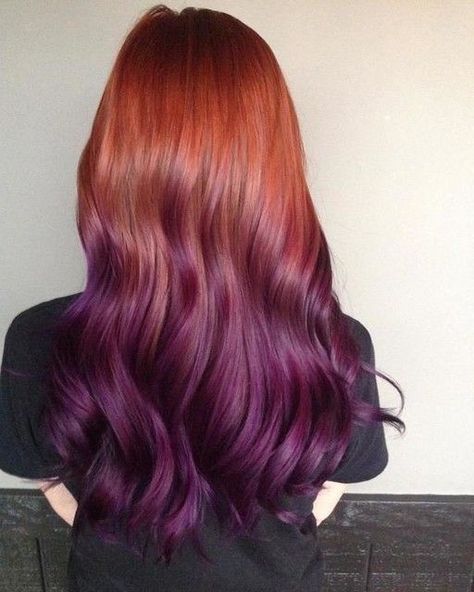 Redhead Ombre, Red And Purple Hair, Purple Hair Color Ombre, Sunset Hair Color, Sunset Hair, Purple Ombre Hair, Brown Ombre Hair, Hair Color Purple, Red And Purple