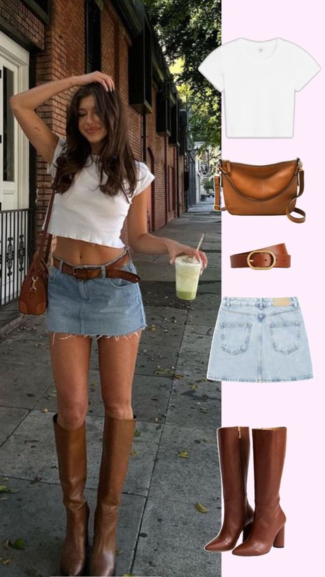 Denim Skirt And Boots Outfit, Denim Skirt Outfits Summer, High Boots Outfit Summer, Skirt And Boots Outfit, Skirt Boots Outfit, Boots Outfit Summer, Summer Boots Outfit, White Skirt Outfits, Skirt Outfits Summer