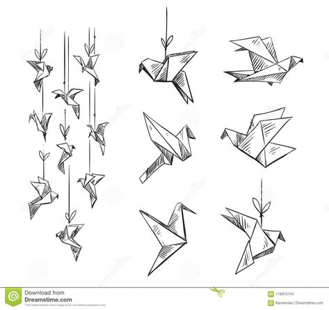 Birds Origami, Crane Drawing, Umbrella Drawing, Birds Vector, Origami Tattoo, Origami Birds, Origami Fashion, Bird Sketch, Origami Bird