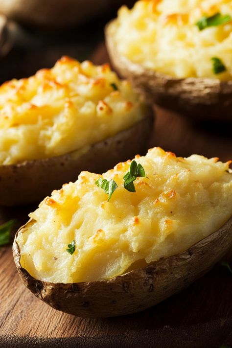 Twice-baked potatoes topped with melted cheese and fresh herbs. English Baked Potatoes In The Oven, Double Baked Potatoes In The Oven, Twice Baked Potato Recipes Easy, How To Make Twice Baked Potatoes, Twice Bake Potatoes, Creamy Twice Baked Potatoes, Creamy Baked Potatoes, Baking Potato Recipes, Baked Potatoes In The Oven Recipes