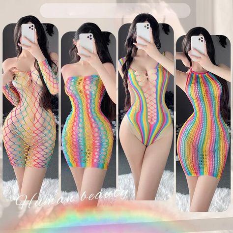 Sexy Lingerie For Women Lace Stockings Floral Fishnet Bodysuits Seamless Fishnet Chemise Rainbow Nightwear Mesh Hole Dress _ - AliExpress Mobile Rainbow Fishnets, Fishnet Bodysuit Outfit, Hole Dress, Fishnet Bodysuit, Lace Stockings, Fishnet Dress, Fish Net, Body Suit Outfits, Paris Outfits