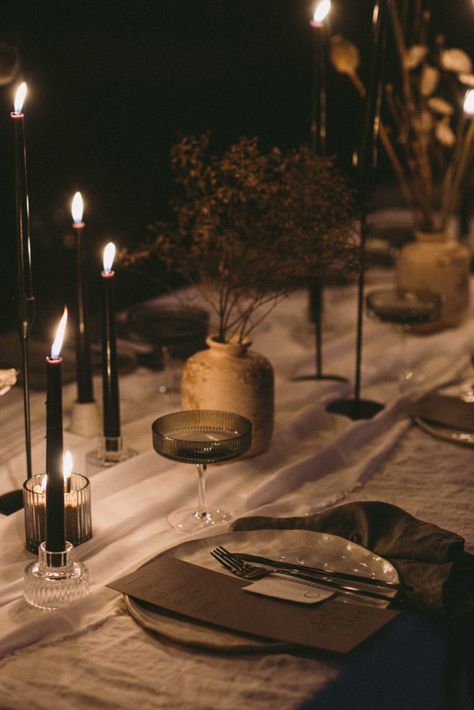 MountWithout3395 Moody Wedding Table Setting, Moody Tablescape, 88 Rising, Candlelit Wedding, Gothic Glam, Candlelit Dinner, Winter Bride, Moody Wedding, Light Dinner