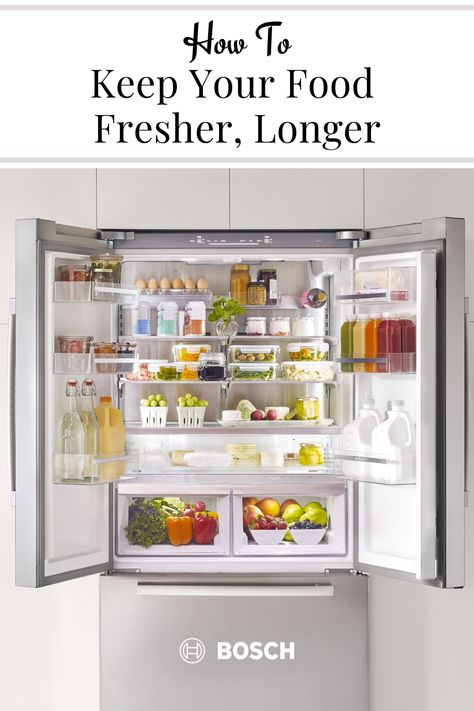 These kitchen organization hacks with counter-depth refrigerators from Bosch can keep your food fresher, longer. Pin it to keep your refrigerator organized and your favorite foods fresh! Counter Depth Refrigerator Organization, Subzero Refrigerator Organization, Bosch Fridge Organization, Bosch Refrigerator Organization, Frigerator Organization Kitchen, Subzero Refrigerator, Bosch Refrigerator, Counter Depth Fridge, Healthy Fridge