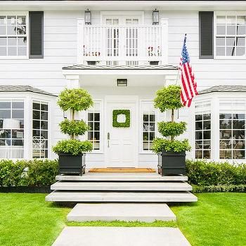 Cottage Home with Brown Shake Siding - Cottage - Home Exterior Entry Plants, Stairs Backyard, Cottage Home Exterior, Portico Entry, White House Black Shutters, Cottage House Exterior, Front Porch Planters, Disc Interiors, Exterior Of House