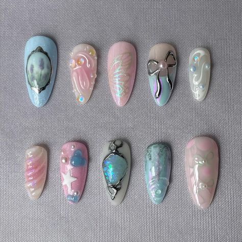 Cute Blue And Pink Nails, Pink And Blue Acrylics, Blue Pink Nails, Edc Nails, Blue And Pink Nails, Miffy Nails, Pink Blue Nails, Iridescent Nails, Fairy Nails