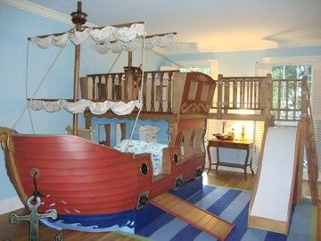 Imagine the adventures your kids could have on this pirate bed/playhouse. Yo ho, yo ho, a pirate's life for me! Boys Loft Bed, Boys Loft Beds, Ship Bed, Pirate Ship Bed, Pirate Bedding, Pirate Bedroom, Boat Bed, Pirate Room, Nice Rooms