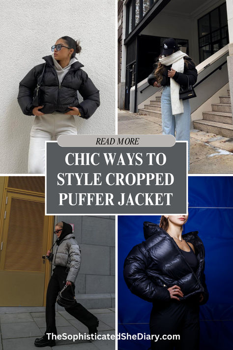 A stylish woman showcasing cropped puffer jacket outfit ideas, pairing it with high-waisted jeans, chunky boots, and a cozy scarf for a chic winter look. Perfect for staying warm and fashionable! Cropped Winter Outfits, Winter Outfits North Face Puffer, Chic Puffer Jacket Outfit, How To Style Cropped Puffer Jacket, Puffy Coat Outfit Winter, How To Style Puffer Jacket, Winter Baddie Outfits Going Out, Crop Puffer Jacket Outfit, Leather Puffer Jacket Outfit