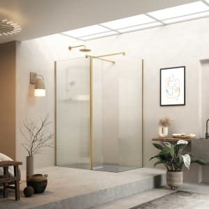 Roman Haven 8mm Fluted Brushed Brass Wet Room Shower Screen Only - Various Sizes Available Wet Room Shower Screens, Wet Room Screens, Wet Room Shower, Shower Screens, Fluted Glass, Wet Room, Decorative Screens, Flute Glass, Decorative Glass