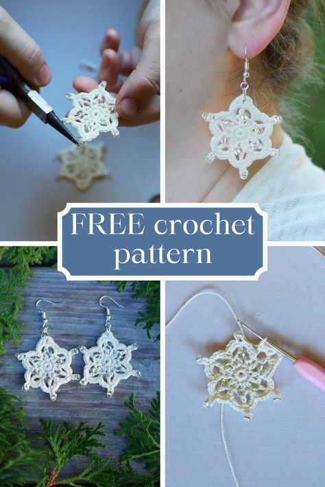 Follow along with this free pattern to make your own pair of beaded crochet snowflake earrings to add a little winter magic to your wardrobe. Crochet Christmas Hat, Christmas Jewelry Diy, Crochet Christmas Hats, Crochet Christmas Ornaments Free, Crochet Christmas Tree, Crochet Snowflake, Crochet Snowflake Pattern, Crochet Jewelry Patterns, Crochet Earrings Pattern