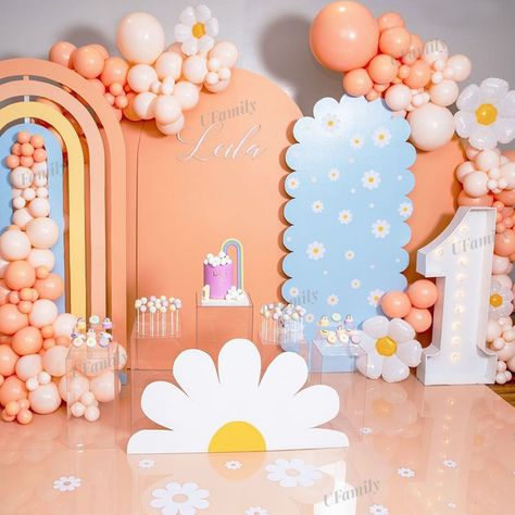 Daisy Balloon Arched Garland Set Pink Yellow Sunflower Birthday Bohemian Party KT Board Baby Shower First Birthday Girl Themes Decoration, Daisy Themed Birthday Party Backdrop, Unique Backdrop Ideas, Pastel Backdrop, Arch Backdrops, Birthday Concept, Hippie Birthday Party, Princess Birthday Party Decorations, 1st Birthday Girl Decorations